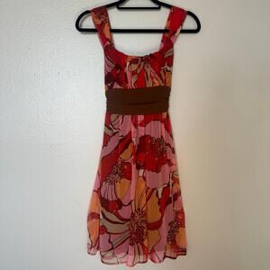 Roulette Floral Chiffon Midi Dress Size 4 Red Pink Brown Tie Waist Boho Y2K